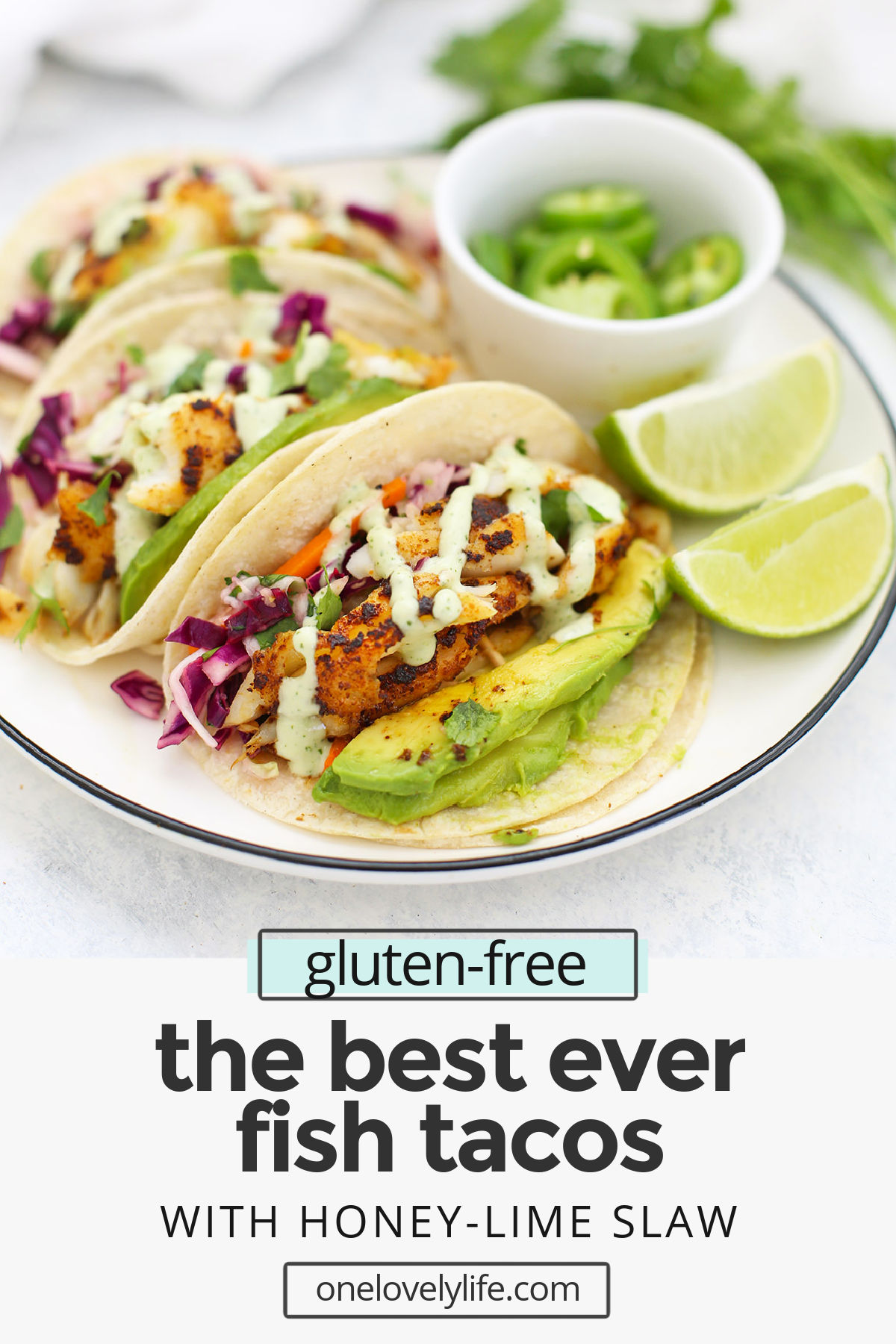 Gluten Free Fish Tacos with Honey Lime Cilantro Slaw - The BEST fish taco recipe! Perfectly cooked fish with an easy cabbage slaw that makes these taste amazing. // #onelovelylife #glutenfree #fishtacos #tacos // Gluten Free Dinner Ideas // Fish Tacos // Healthy Fish Tacos // Taco Recipe #fishtacos #tacos #glutenfree
