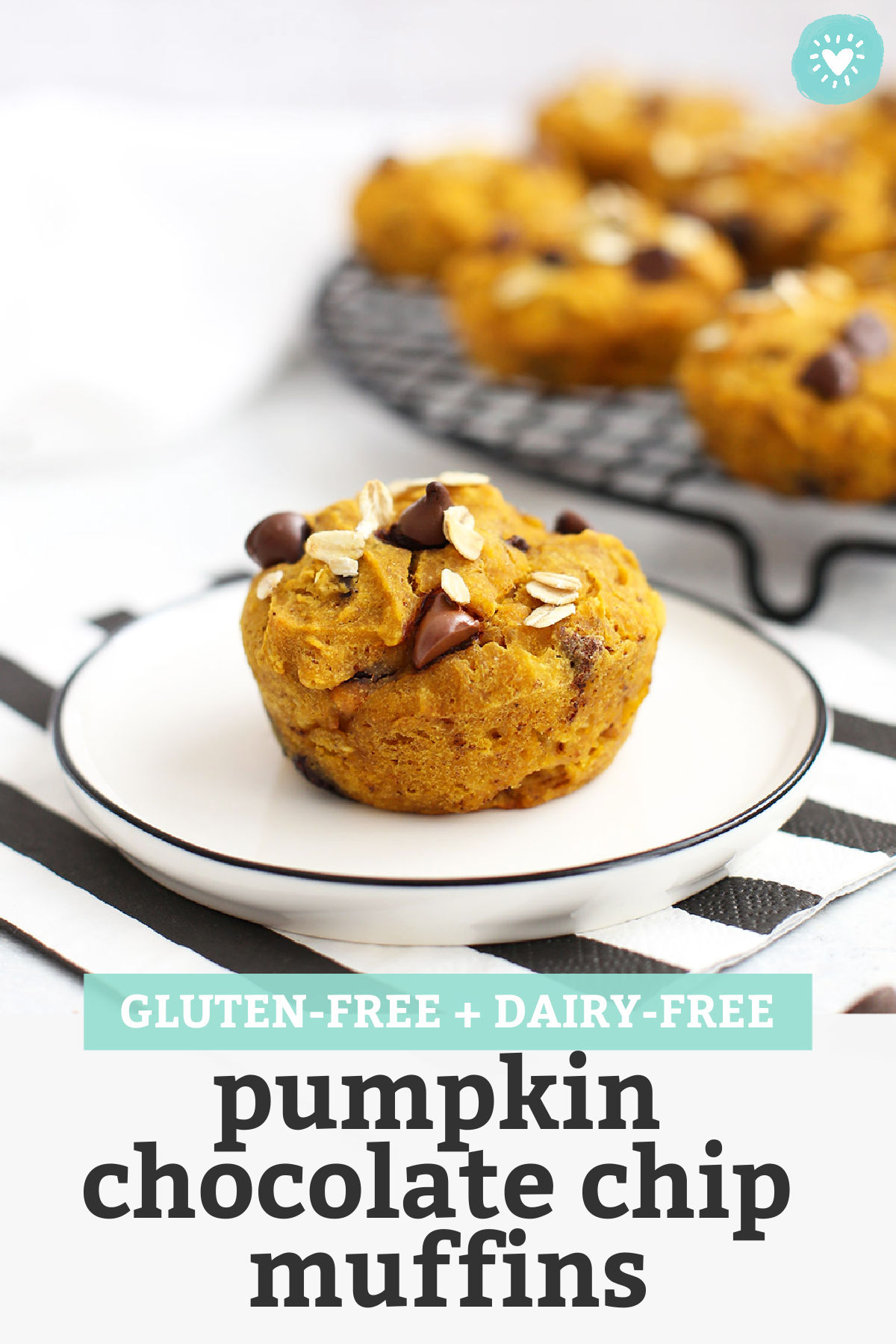 Gluten Free Pumpkin Chocolate Chip Muffin on a white plate with text overlay that reads "Gluten-Free Dairy-Free Pumpkin Chocolate Chip Muffins"
