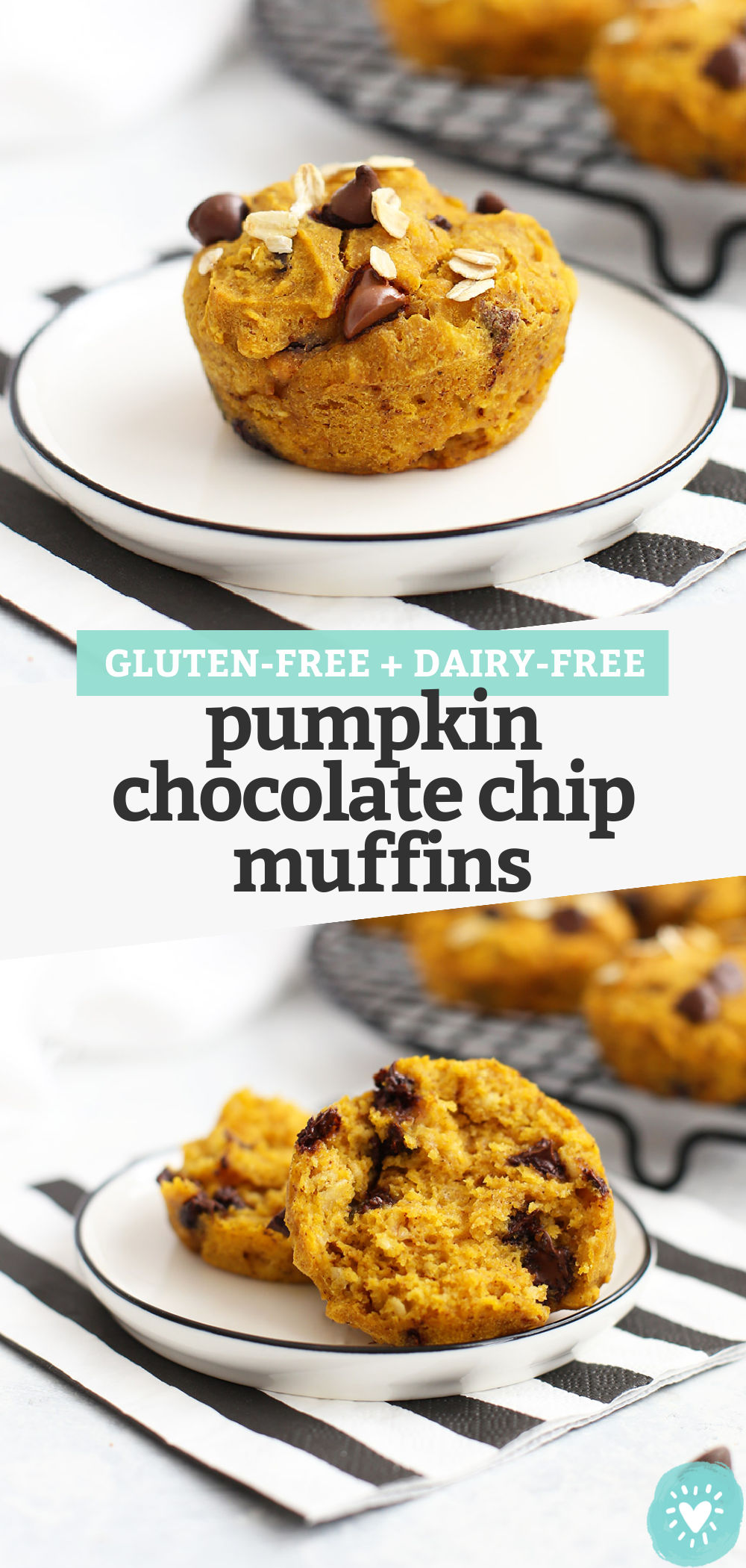 Collage of Images of Gluten Free Pumpkin Chocolate Chip Muffins with text overlay that reads "Gluten-Free Dairy-Free Pumpkin Chocolate Chip Muffins"