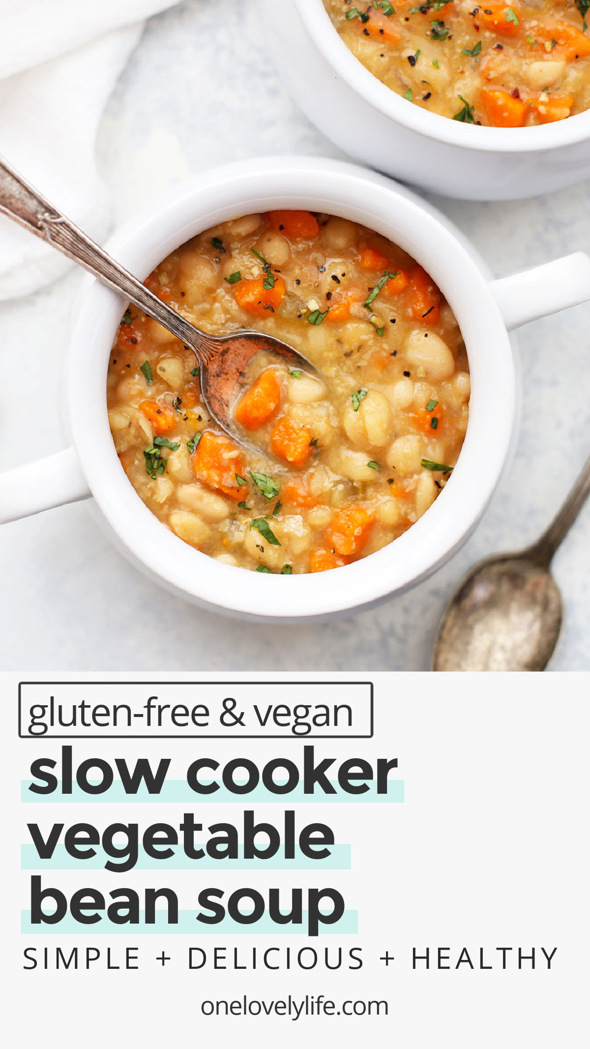 Slow Cooker Vegetable Bean Soup - Sometimes the easiest recipes are the best! This vegetable bean soup is made in a slow cooker and has the perfect cozy blend of flavors. We love this so much! (Gluten Free & Vegan) // Crock Pot Vegetable Bean Soup // Slow Cooker Soup Recipe // Crock Pot Soup Recipe // Vegan Slow Cooker Recipe // Vegetarian Slow Cooker Recipe // Vegan Soup // Vegetarian Soup // Bean Soup #beansoup #slowcookersoup #vegansoup #vegetablesoup #vegetariansoup #glutenfree #slowcooker