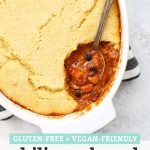 Close up view of chili cornbread pot pie with text overlay that reads "Gluten-Free + Vegan-FRiendly Chili Cornbread Pot Pie"
