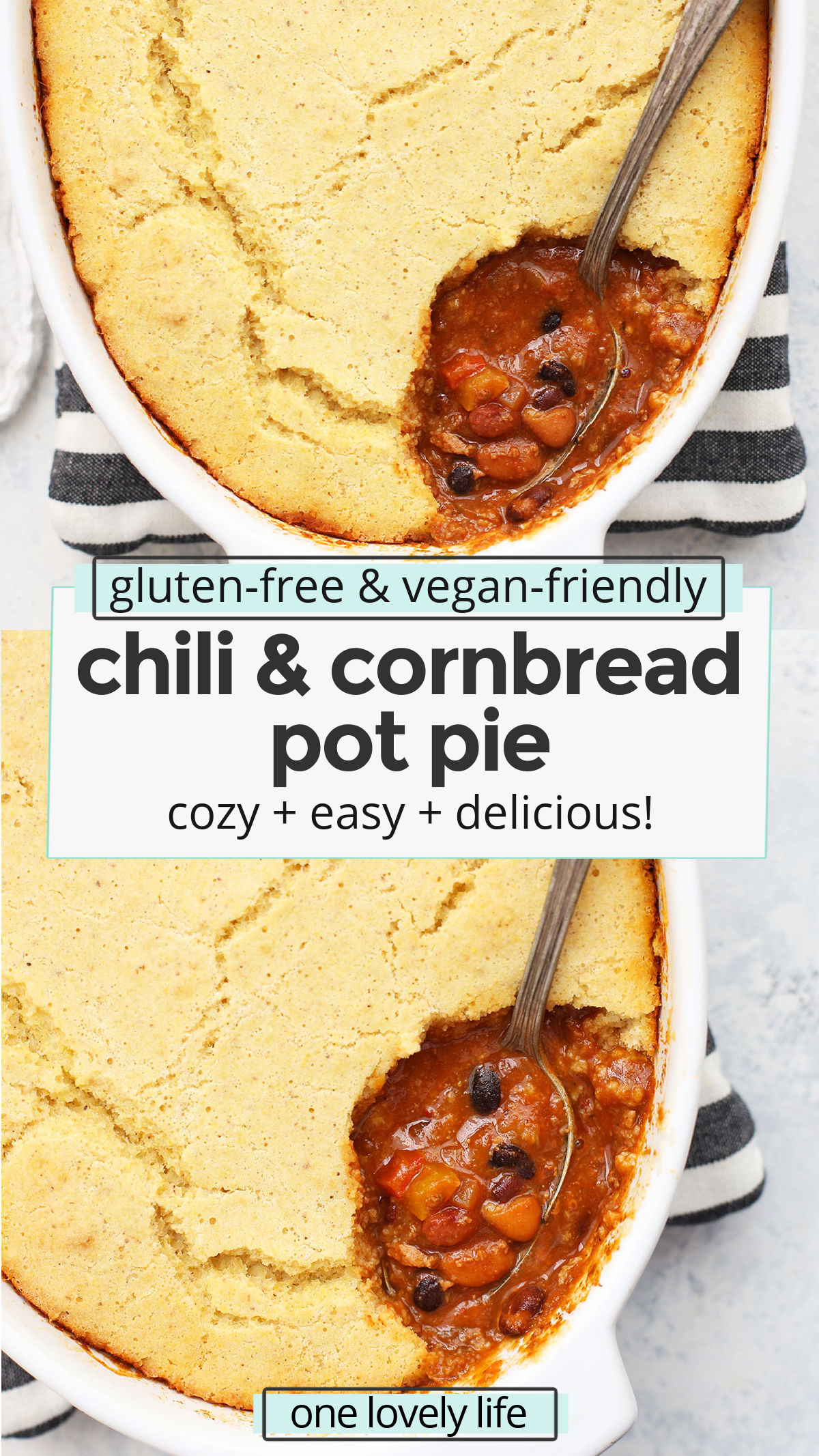 Chili Cornbread Pot Pie - This cozy chili & cornbread pot pie combines two favorites into one delicious meal. Gluten free, dairy free, and easily vegan! // tamale pie recipe // chili and cornbread // vegan chili // vegan cornbread // gluten free chili // gluten free cornbread // chili and cornbread pot pie recipe