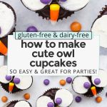 Overhead view of gluten-free owl cupcakes with text overlay that reads "gluten-free & dairy-free: how to make cute owl cupcakes: so easy & cute for parties!"