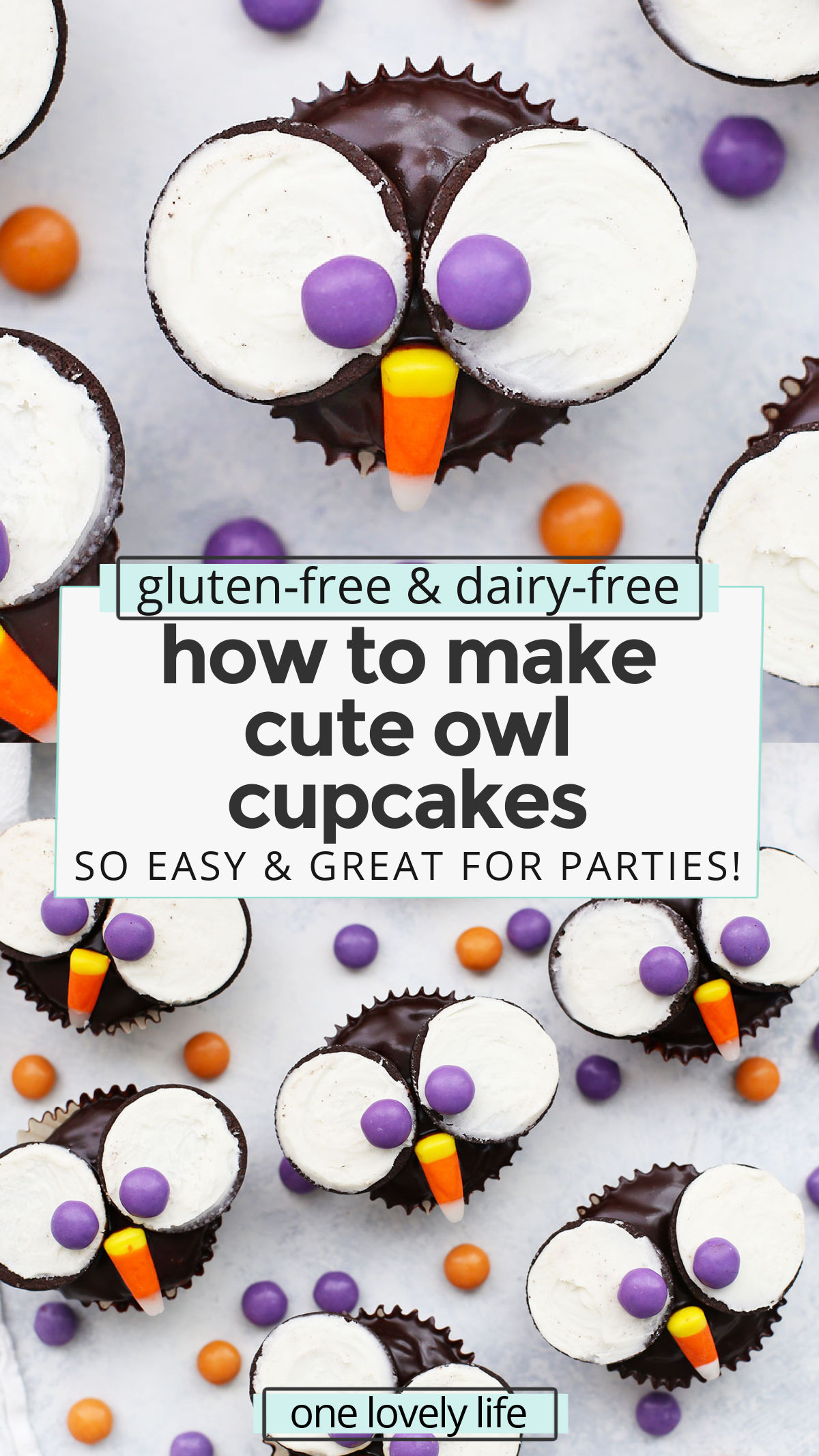 Owl Cupcakes - These adorable little owl cupcakes are perfect for parties or Halloween. Plus, it's easy to make them gluten free & dairy free! // gluten free cupcakes // owl cupcakes // vegan cupcakes // halloween cupcakes // gluten free halloween ideas // halloween treats // dairy free cupcakes // vegan chocolate frosting #owlcupcakes #halloweencupcakes #cupcakes #glutenfreecupcakes #cupcakedecorating