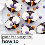 Overhead view of gluten-free owl cupcakes with text overlay that reads "gluten-free & dairy-free: how to make cute owl cupcakes: so easy & cute for parties!"