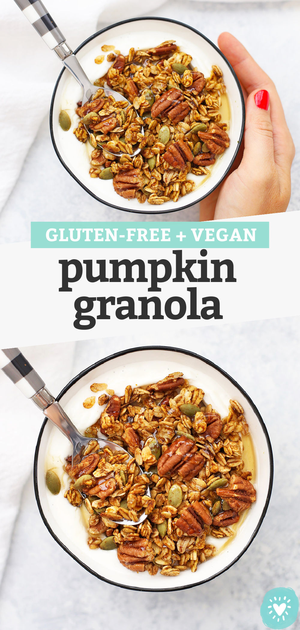 Collage of images of gluten free pumpkin granola with text overlay that reads "Gluten-Free + Vegan Pumpkin Granola"