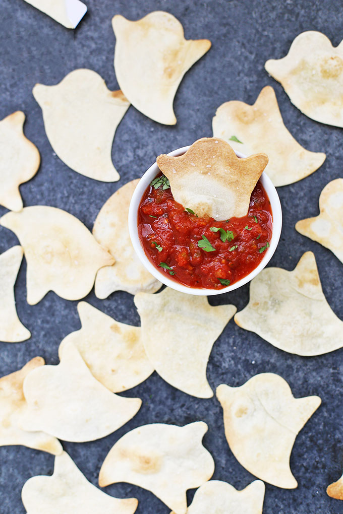 Ghost Shaped Tortilla Chips with Salsa