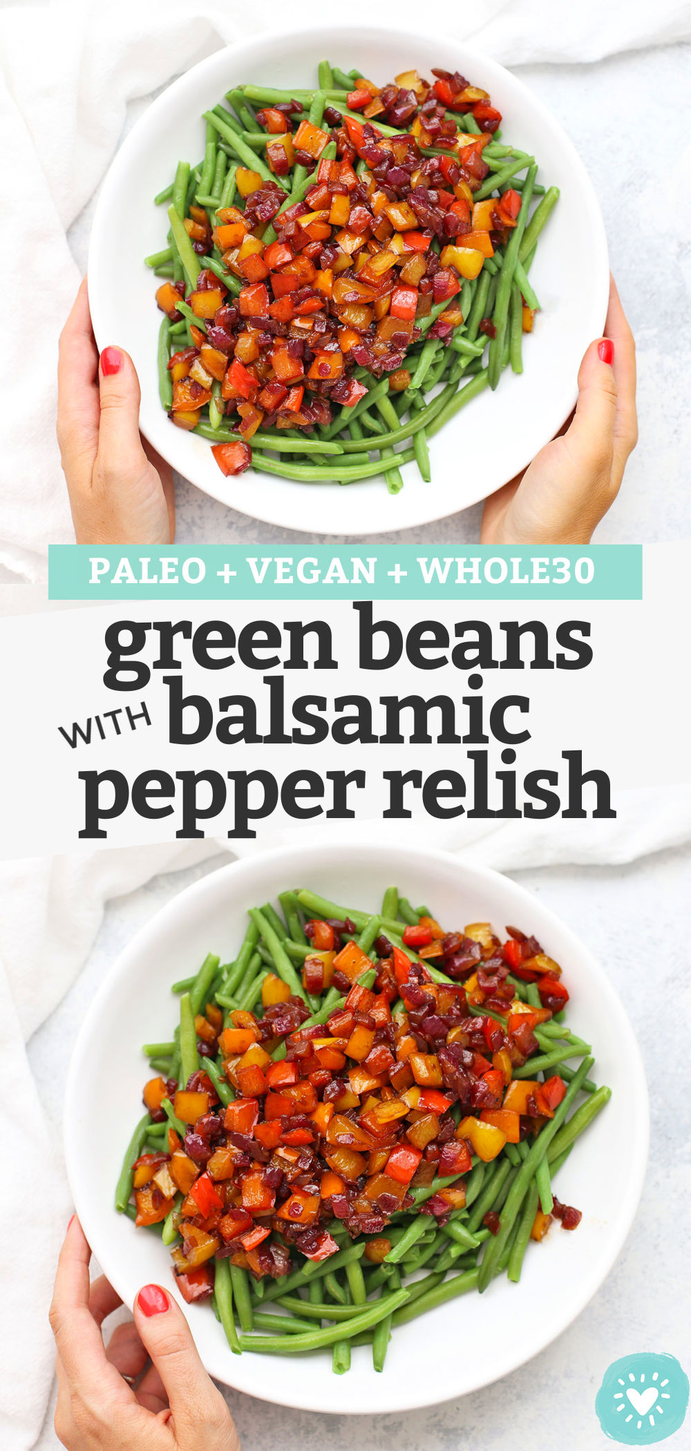 Green Beans with Balsamic Pepper Relish - This bright, beautiful side dish will steal the spotlight at dinner, thanks to the sweet, tangy balsamic bell pepper relish. It's incredible! (Vegan, Paleo & Whole30 approved!) // pepper relish // green beans recipe // balsamic green beans // green beans with bell peppers // gluten free // dairy free // vegetarian