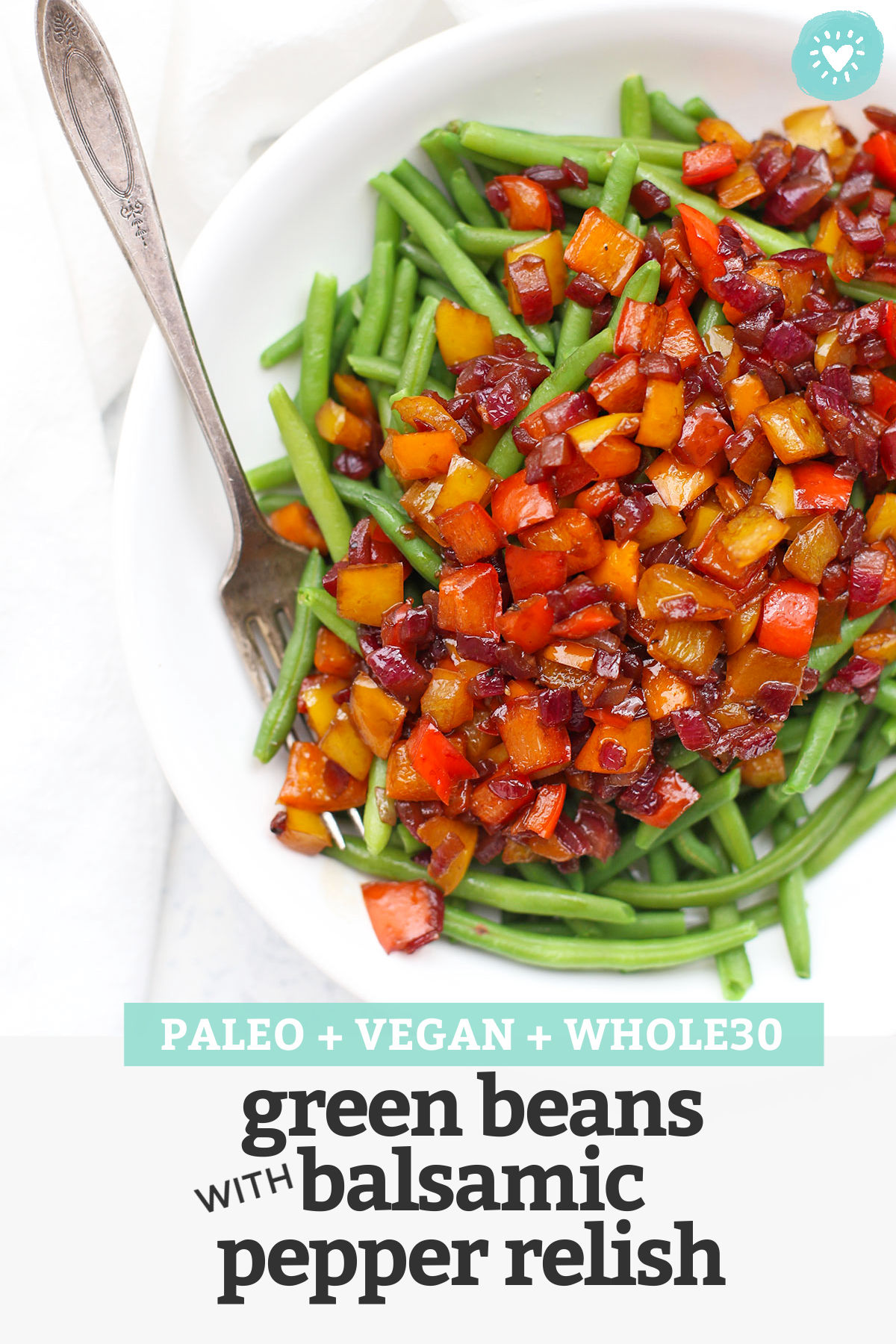 Green Beans with Balsamic Pepper Relish - This bright, beautiful side dish will steal the spotlight at dinner, thanks to the sweet, tangy balsamic bell pepper relish. It's incredible! (Vegan, Paleo & Whole30 approved!) // pepper relish // green beans recipe // balsamic green beans // green beans with bell peppers // gluten free // dairy free // vegetarian