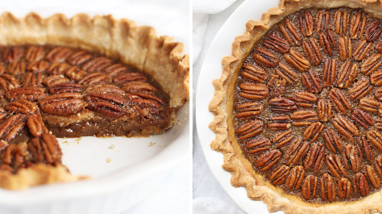 Collage of images of no corn syrup pecan pie