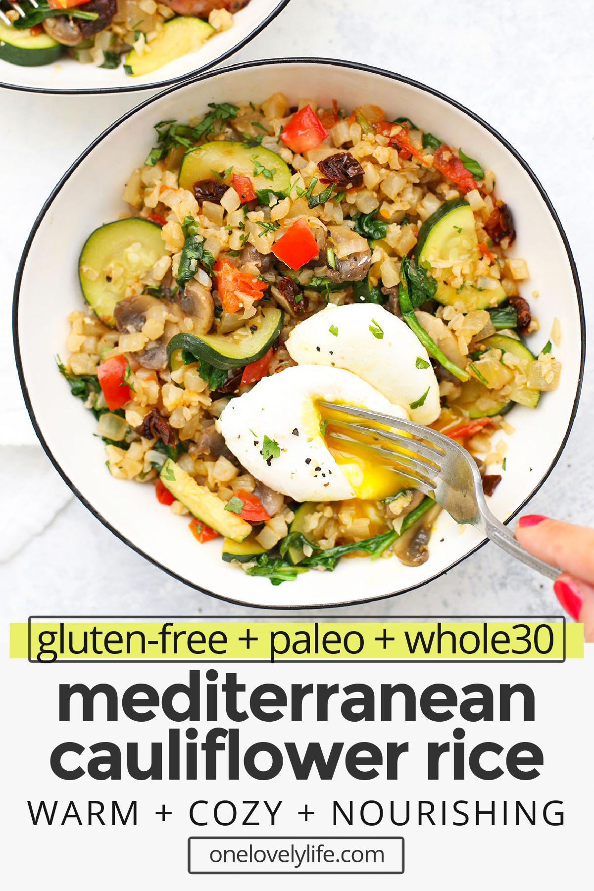 Mediterranean Cauliflower Rice Skillet - This easy cauliflower rice recipe tastes amazing and works for any meal of the day. Don't miss my meal prep tips + serving ideas! // cauli rice // cauliflower rice with mushrooms // mediterranean cauliflower rice // cauliflower rice pilaf // breakfast cauliflower rice // paleo breakfast // paleo meal prep // whole30 breakfast // whole30 meal prep // gluten free // dairy free