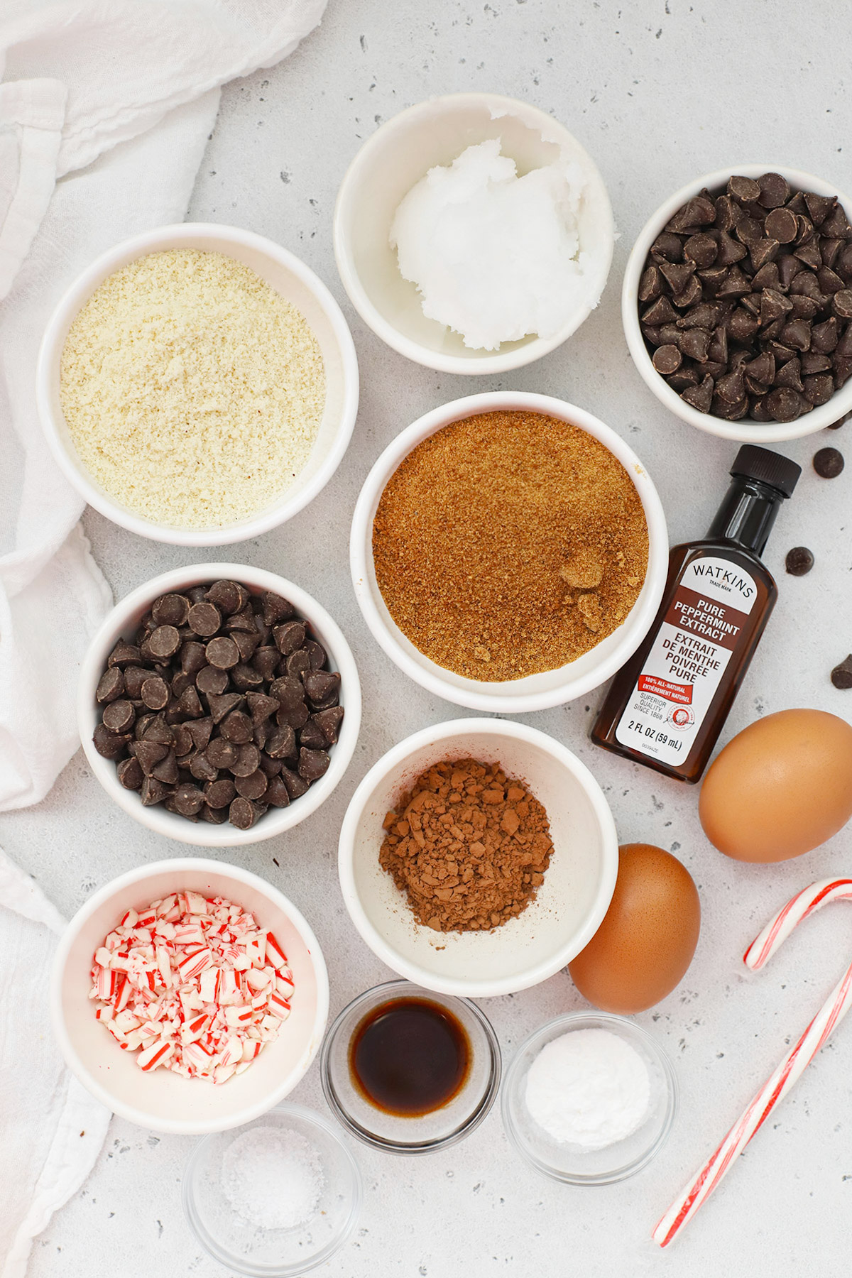 Overhead view of ingredients for gluten-free peppermint brownies