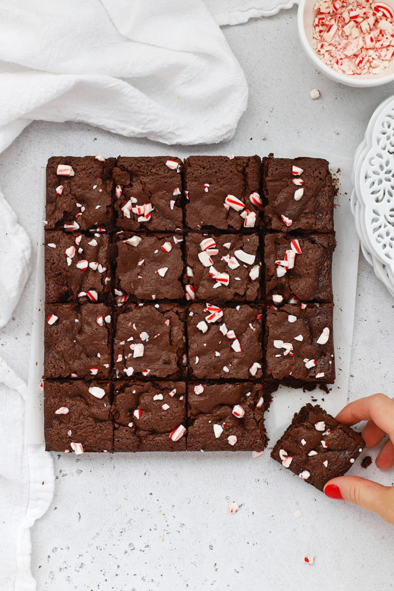 Overhead view of sliced gluten-free peppermint brownies