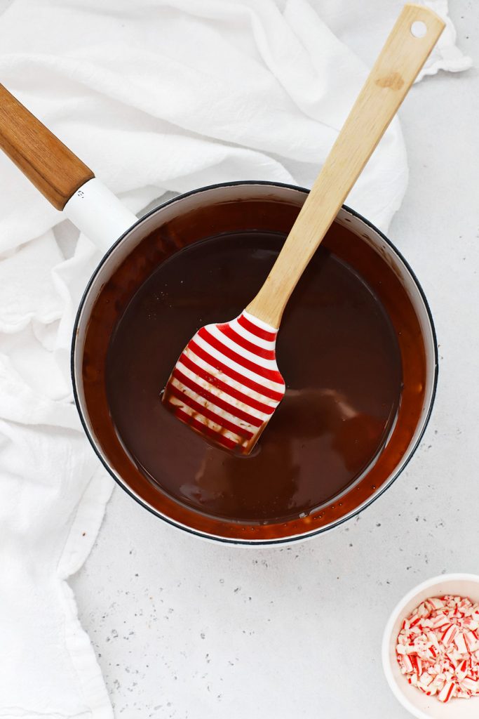 Melted chocolate for gluten-free peppermint brownies