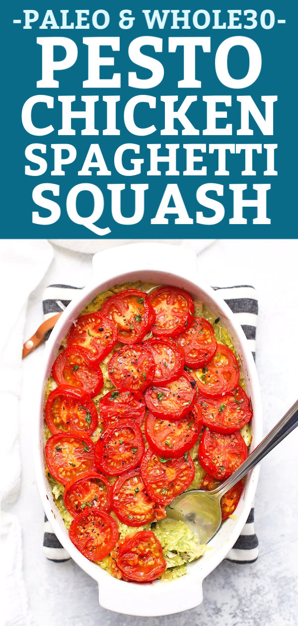 Pesto Chicken Spaghetti Squash - This yummy pesto spaghetti squash bake packs a TON of flavor with only four main ingredients. A winner all around! (Gluten Free, Dairy Free, Paleo & Whole30 Approved!) // spaghetti squash casserole // spaghetti squash bake // chicken spaghetti squash // pesto spaghetti squash recipe // Whole30 dinner #whole30 #paleo #glutenfree #pesto #spaghettisquash #dairyfree