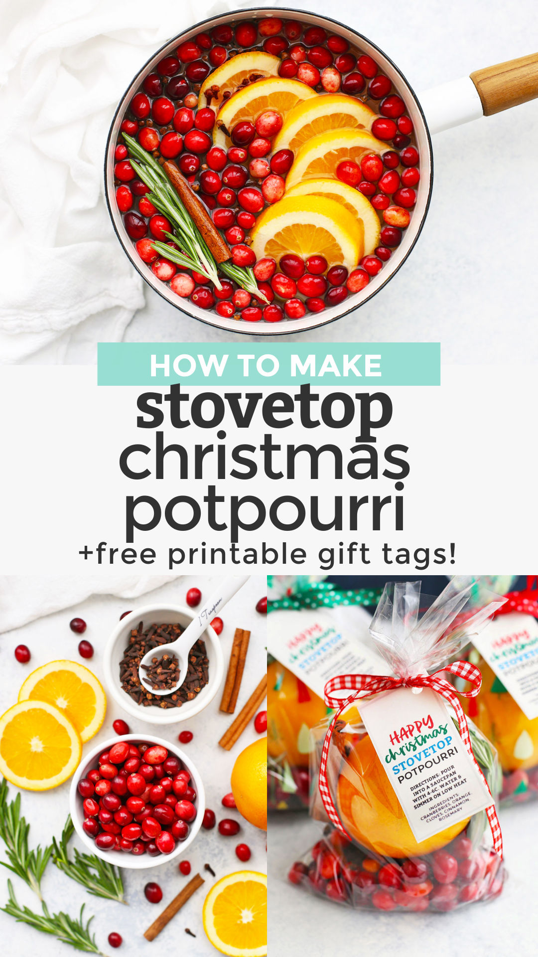 How to Make Stovetop Christmas Potpourri - This holiday potpourri recipe is like bottling up the Christmas smell! It's a great way to make your home smell like the holidays and makes a fantastic gift. Click for a how-to video and FREE PRINTABLE gift tags for gifting! #freeprintable #gifttags #printablegifttags // gift tags // free printable gift tags // free Christmas printable
