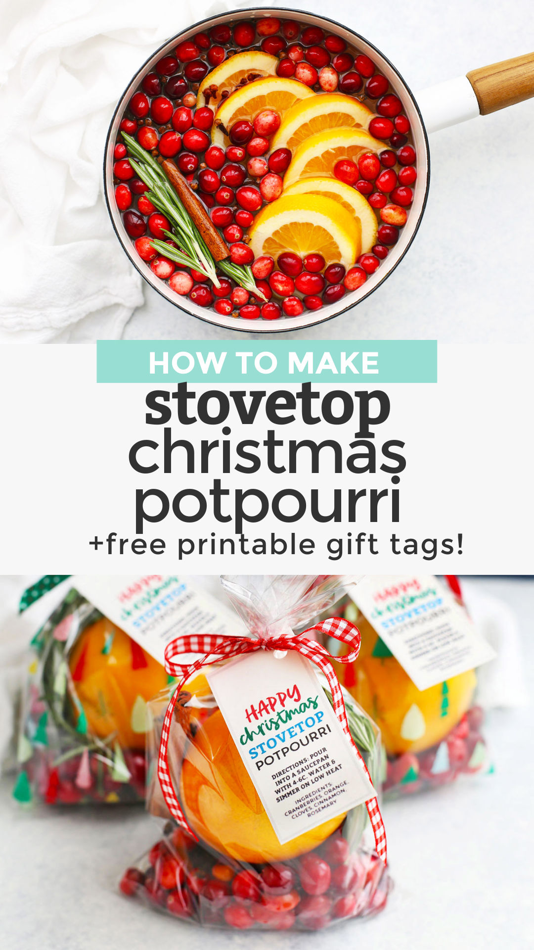 How to Make Stovetop Christmas Potpourri - This holiday potpourri recipe is like bottling up the Christmas smell! It's a great way to make your home smell like the holidays and makes a fantastic gift. Click for a how-to video and FREE PRINTABLE gift tags for gifting! // gift tags // free printable gift tags // free Christmas printable // christmas simmer pot / holiday simmer pot / how to make it smell like Christmas