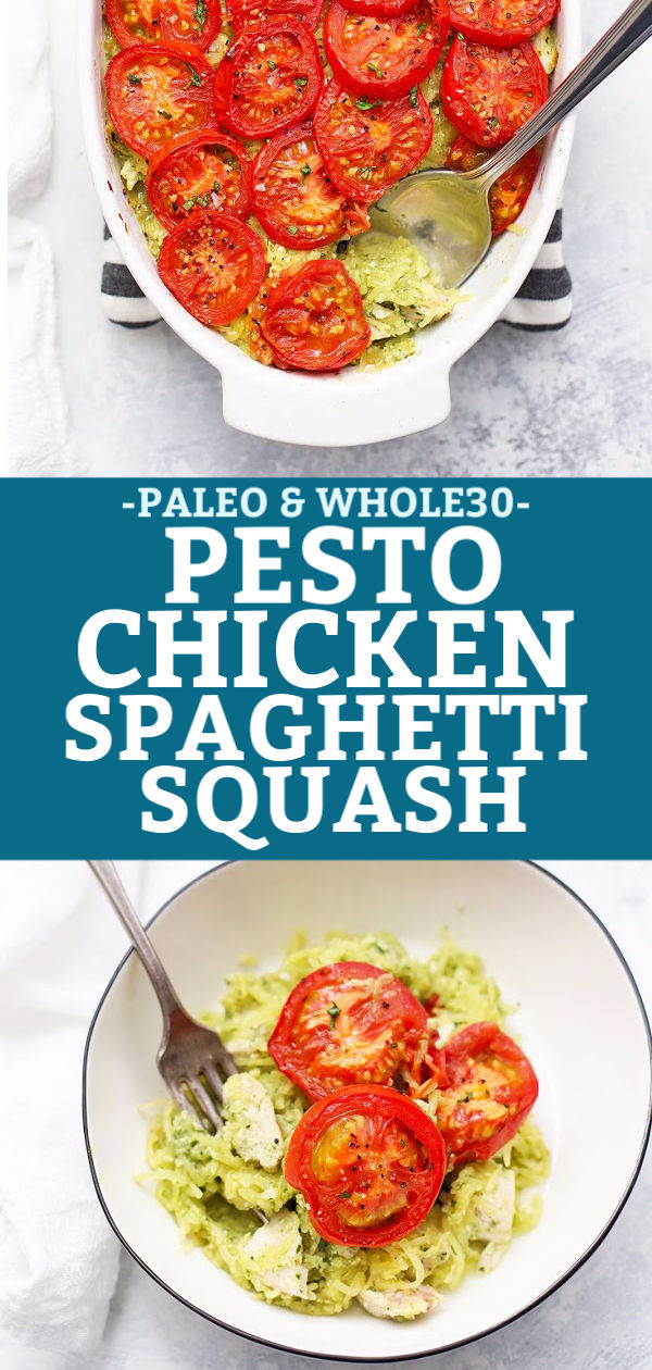 Pesto Chicken Spaghetti Squash - This yummy pesto spaghetti squash bake packs a TON of flavor with only four main ingredients. A winner all around! (Gluten Free, Dairy Free, Paleo & Whole30 Approved!) // spaghetti squash casserole // spaghetti squash bake // chicken spaghetti squash // pesto spaghetti squash recipe // Whole30 dinner #whole30 #paleo #glutenfree #pesto #spaghettisquash #dairyfree