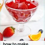 homemade red jello cut into cubes and served in a glass dessert cup
