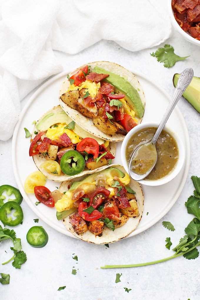 Three Potato and Egg Breakfast Tacos with Salsa Verde from onelovelylife.com