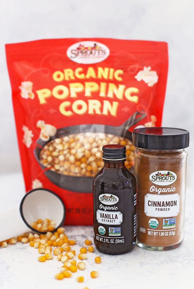 Popcorn kernels, cinnamon, and vanilla--ready to be made into Cinnamon Churro Popcorn