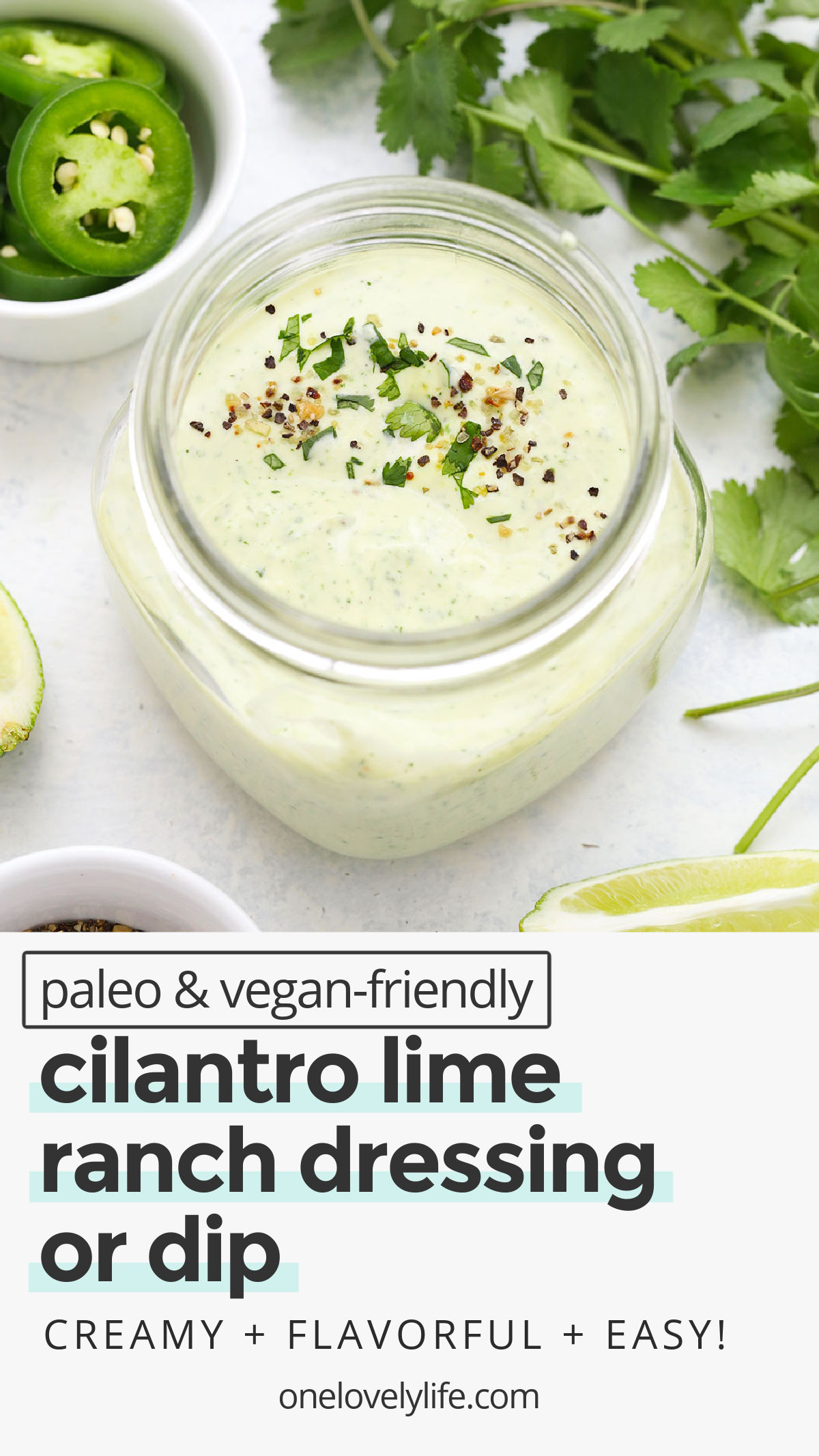 Cilantro Lime Ranch Dressing - This bright, fresh Tex-Mex ranch is perfect over tacos, burrito bowls, salads, or veggies. It makes a DELICIOUS dip or dressing! (Vegan & Paleo friendly!) // paleo ranch // vegan ranch // whole30 ranch // cafe rio ranch // costa vida ranch // cilantro ranch // creamy cilantro dressing // fish taco sauce