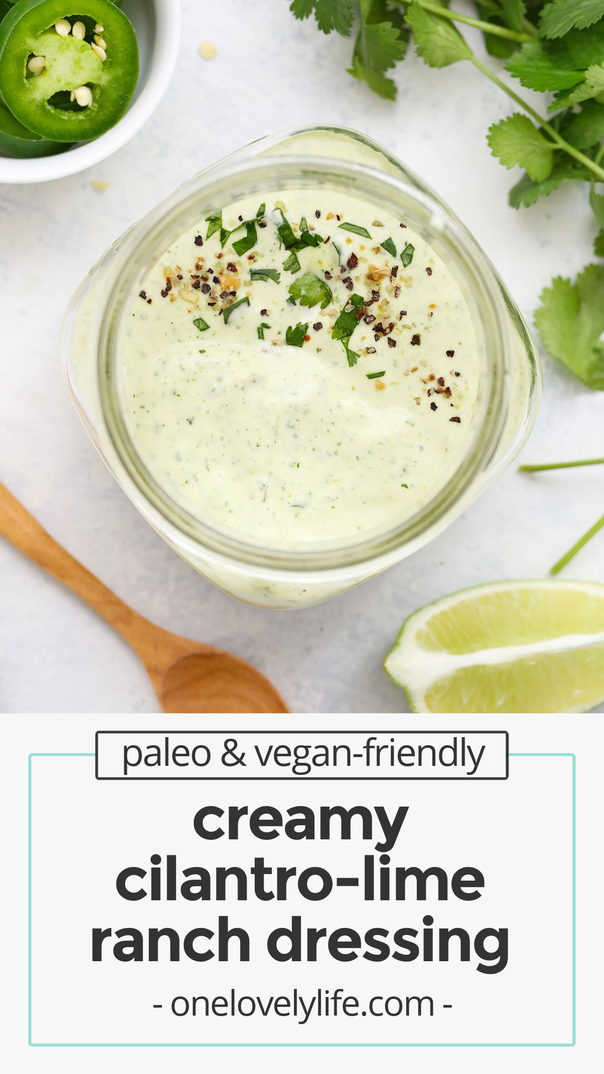 Cilantro Lime Ranch Dressing - This bright, fresh Tex-Mex ranch is perfect over tacos, burrito bowls, salads, or veggies. It makes a DELICIOUS dip or dressing! (Vegan & Paleo friendly!) // paleo ranch // vegan ranch // whole30 ranch // cafe rio ranch // costa vida ranch // cilantro ranch // creamy cilantro dressing // fish taco sauce