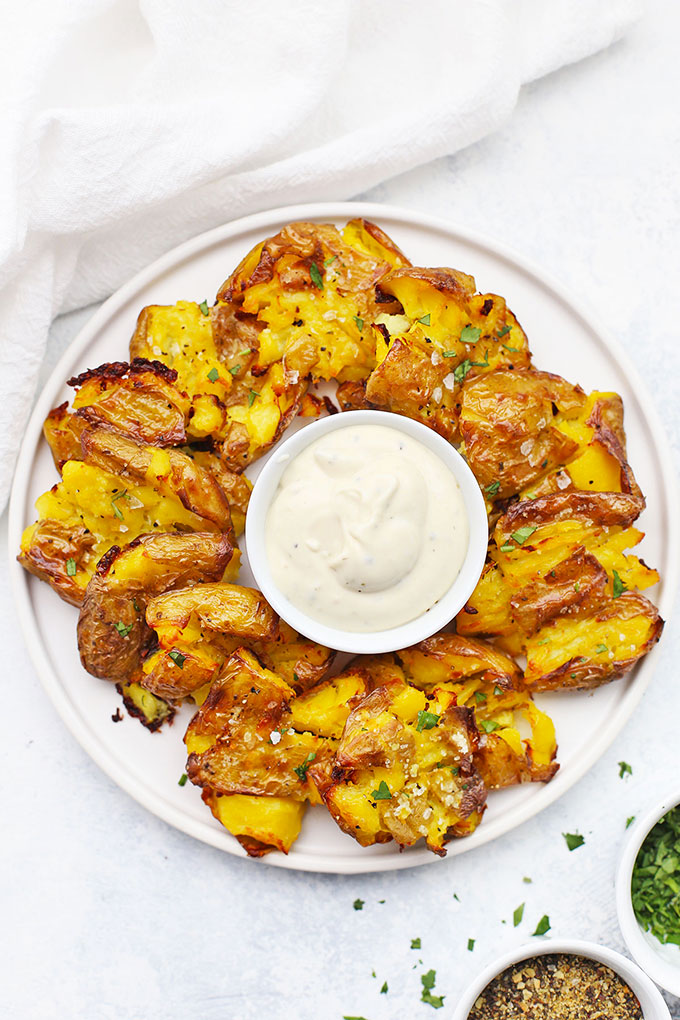 Crispy Smashed Potatoes with Ranch Dressing from One Lovely Life