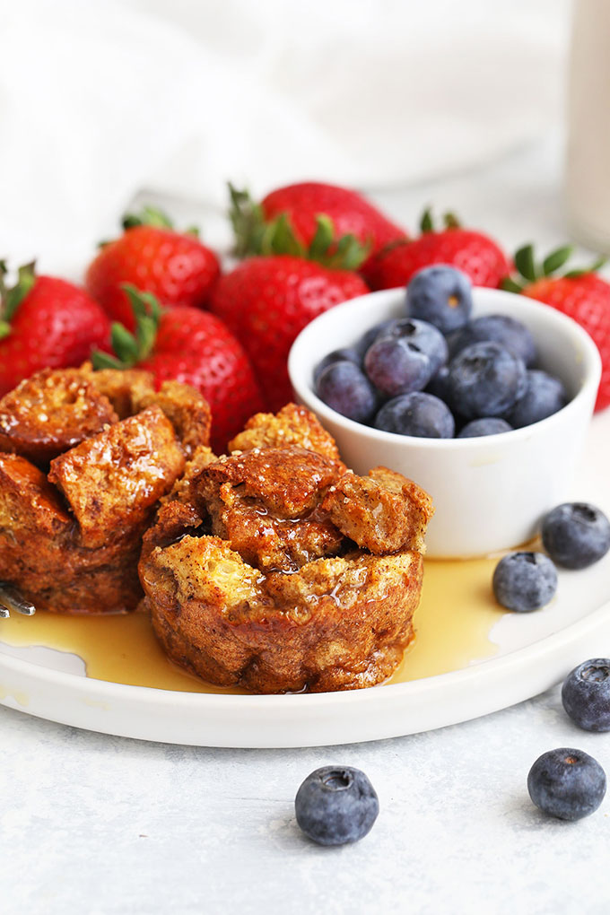 Gluten Free French Toast Cups with Syrup and fresh fruit from One Lovely Life