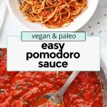 Overhead view of gluten-free pasta tossed in homemade pomodoro sauce