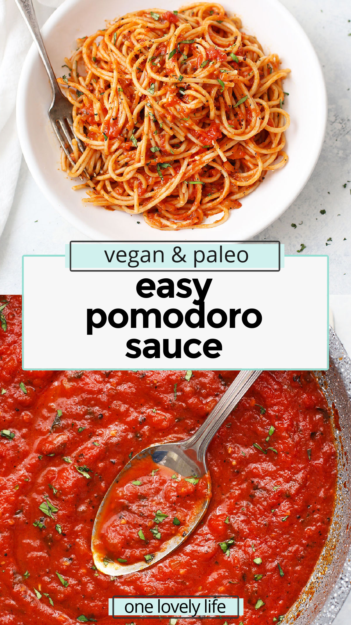 Pomodoro Sauce Recipe - This simple tomato sauce recipe comes together quickly and tastes DELICIOUS over pasta, chicken, zucchini noodles, spaghetti squash, and more! (Gluten free, vegan, paleo & whole30 friendly!) // tomato sauce recipe // pasta sauce recipe // pomodoro sauce recipe // pasta al pomodoro // pasta pomodoro // italian pomodoro // homemade tomato sauce // homemade spaghetti sauce // healthy spaghetti sauce // vegan pasta sauce // gluten free pasta sauce