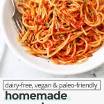 Overhead view of gluten-free pasta tossed in homemade pomodoro sauce