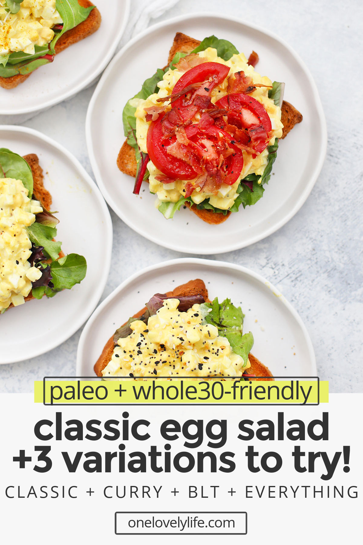 Classic Egg Salad + 3 Yummy Variations to Try - Simple and classic, this egg salad is such a yummy lunch! Don't miss 3 of my favorite delicious variations below! (Gluten free, paleo) // BLT Egg Salad Recipe // Everything Bagel Seasoning Egg Salad // Egg Salad on Toast // Curry Egg Salad // Paleo Egg Salad // Gluten Free Egg Salad #eggsalad #paleo #glutenfree #dairyfree #hardboiledeggs