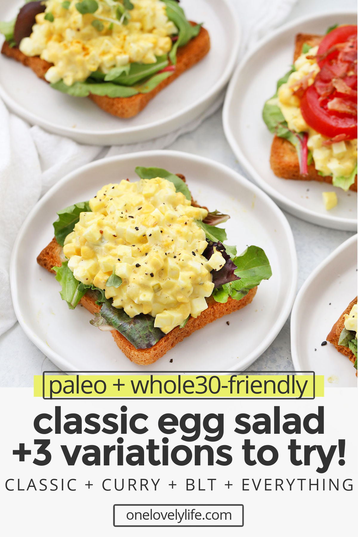 Classic Egg Salad + 3 Yummy Variations to Try - Simple and classic, this egg salad is such a yummy lunch! Don't miss 3 of my favorite delicious variations below! (Gluten free, paleo) // BLT Egg Salad Recipe // Everything Bagel Seasoning Egg Salad // Egg Salad on Toast // Curry Egg Salad // Paleo Egg Salad // Gluten Free Egg Salad #eggsalad #paleo #glutenfree #dairyfree #hardboiledeggs
