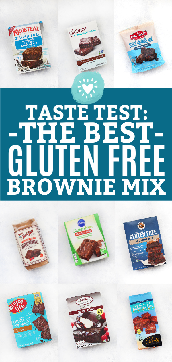 Collage of Gluten Free Brownie Mixes and text that reads "Taste Test: The Best Gluten Free Brownie Mix"