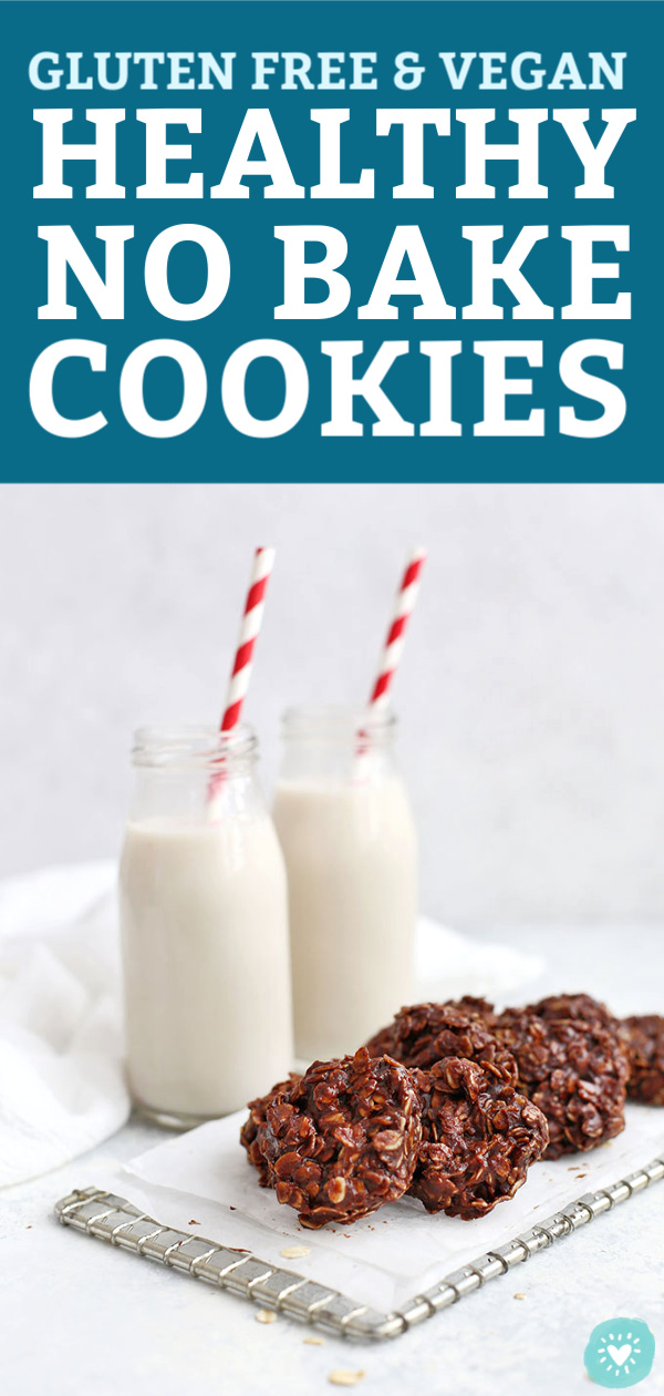 Healthy No Bake Cookies on an antique cooling rack with two bottles of almond milk from One Lovely Life with text