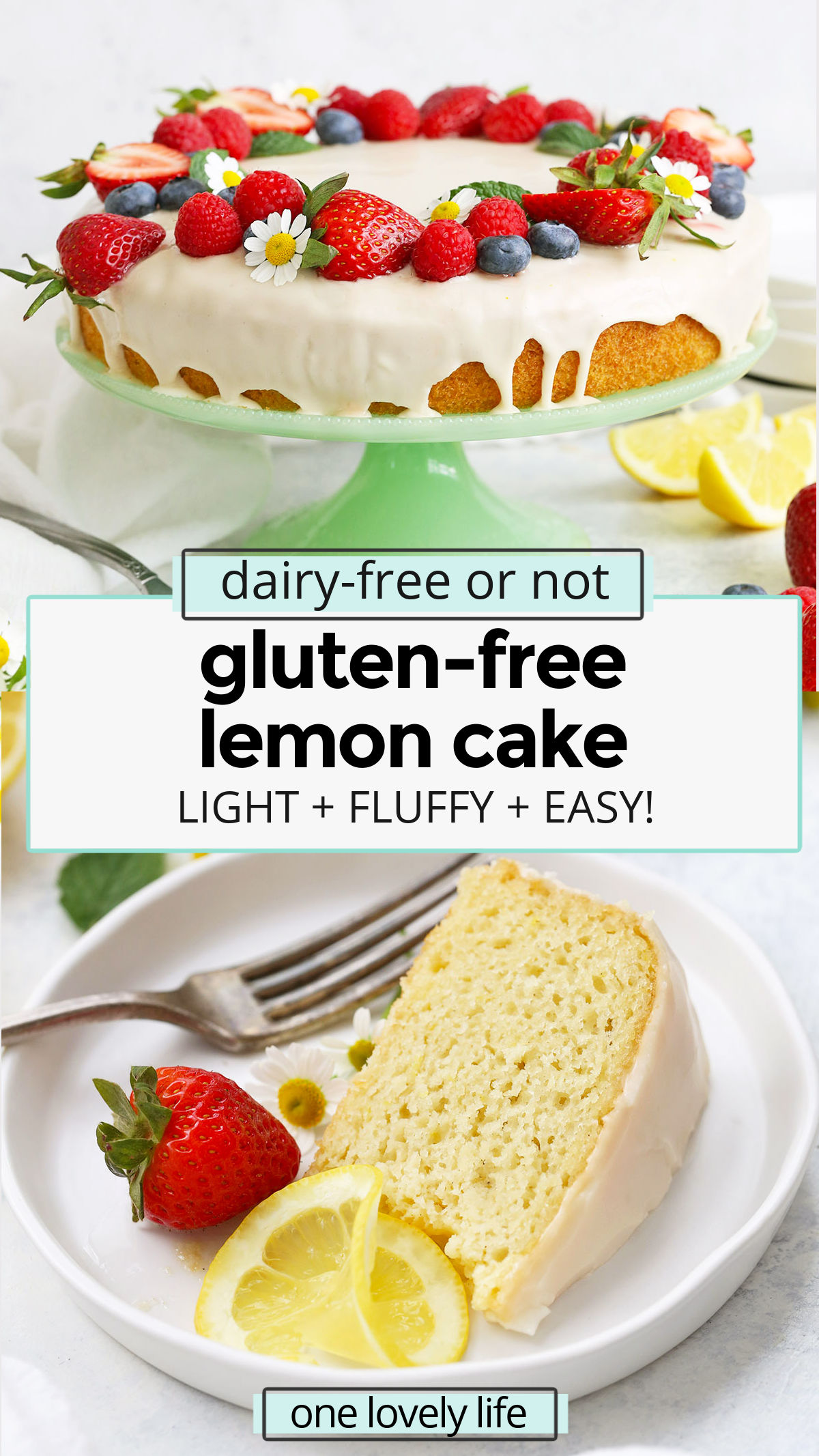 Gluten Free Lemon Cake - This bright, tangy gluten free lemon cake is like eating a bite of sunshine. Gluten free, dairy free, and absolutely delicious. // gluten free lemon cake recipe // dairy free lemon cake recipe // lemon cake recipe // easter dessert // spring dessert // spring cake // summer cake // gluten-free Easter dessert // gluten-free Easter cake