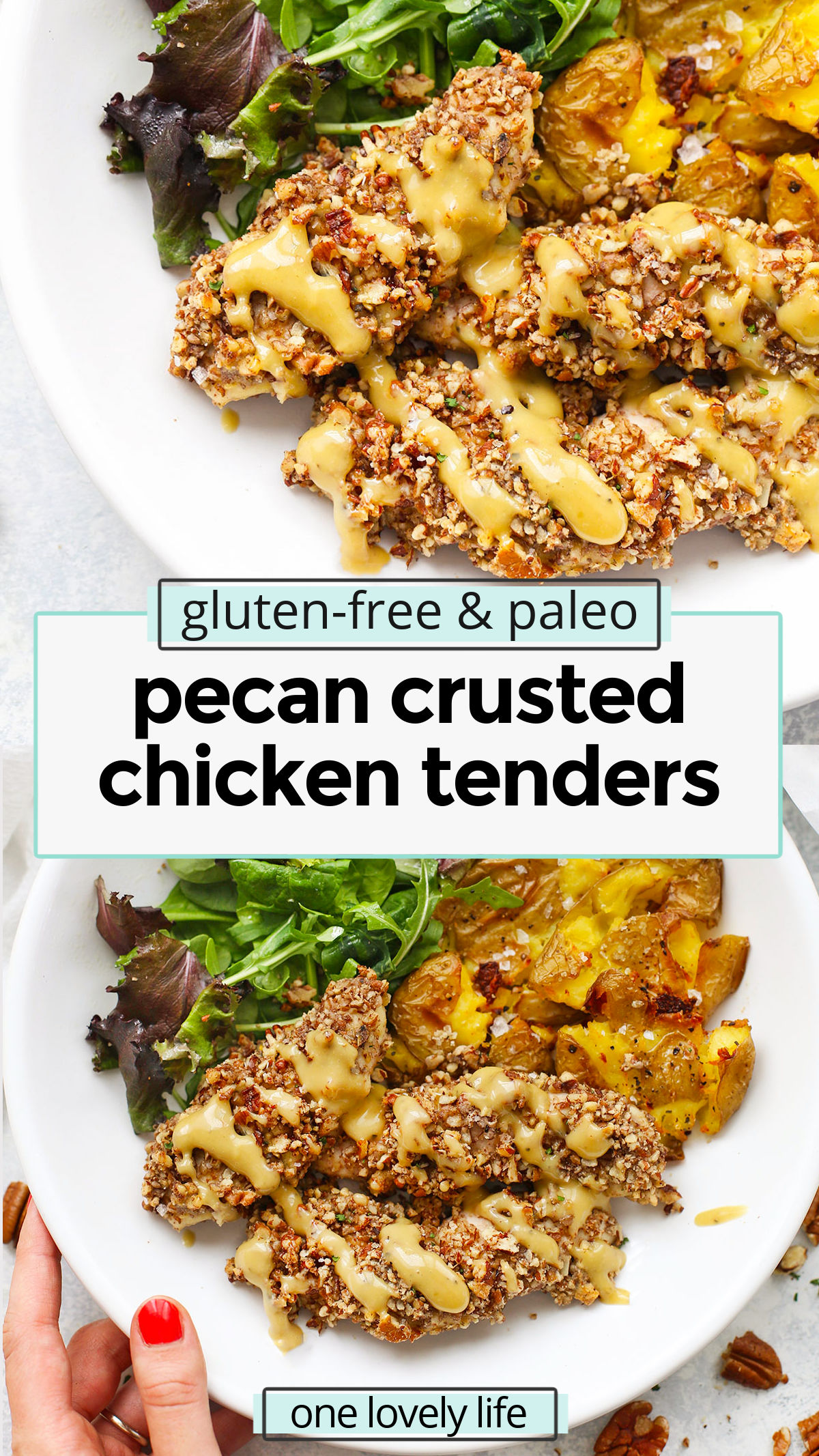 Pecan Crusted Chicken Tenders (Gluten Free, Paleo Friendly) - Savory chicken tenders with a crunchy pecan coating. Quick, easy & yummy! // Pecan Chicken Tenders // paleo pecan chicken tenders // healthy pecan chicken tenders // healthy chicken tenders // easy chicken recipe // paleo dinner // chicken tenders recipe // gluten free pecan chicken tenders