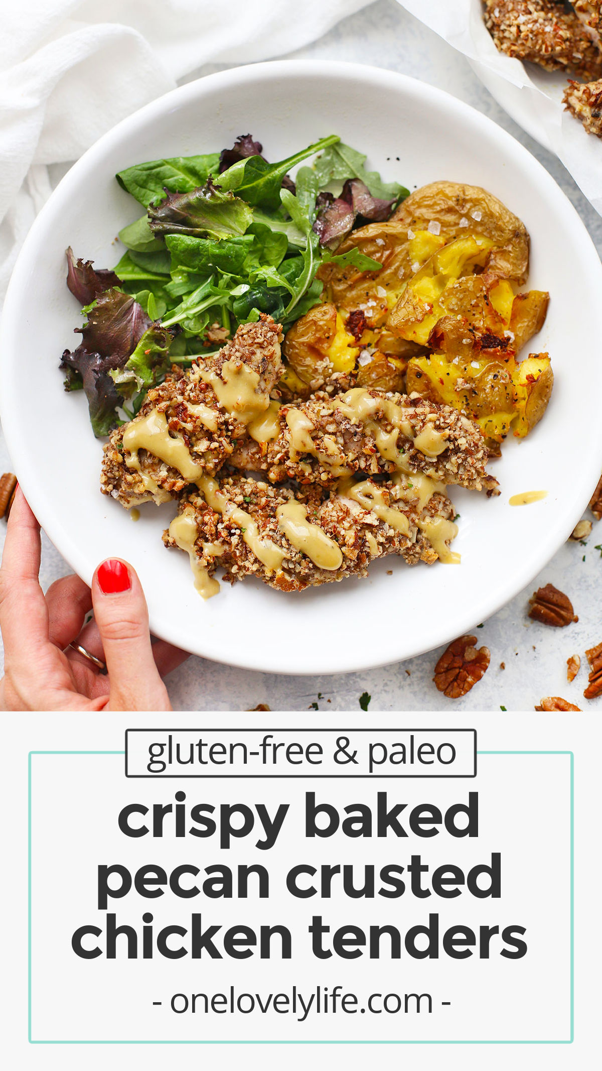 Pecan Crusted Chicken Tenders (Gluten Free, Paleo Friendly) - Savory chicken tenders with a crunchy pecan coating. Quick, easy & yummy! // Pecan Chicken Tenders // paleo pecan chicken tenders // healthy pecan chicken tenders // healthy chicken tenders // easy chicken recipe // paleo dinner // chicken tenders recipe // gluten free pecan chicken tenders