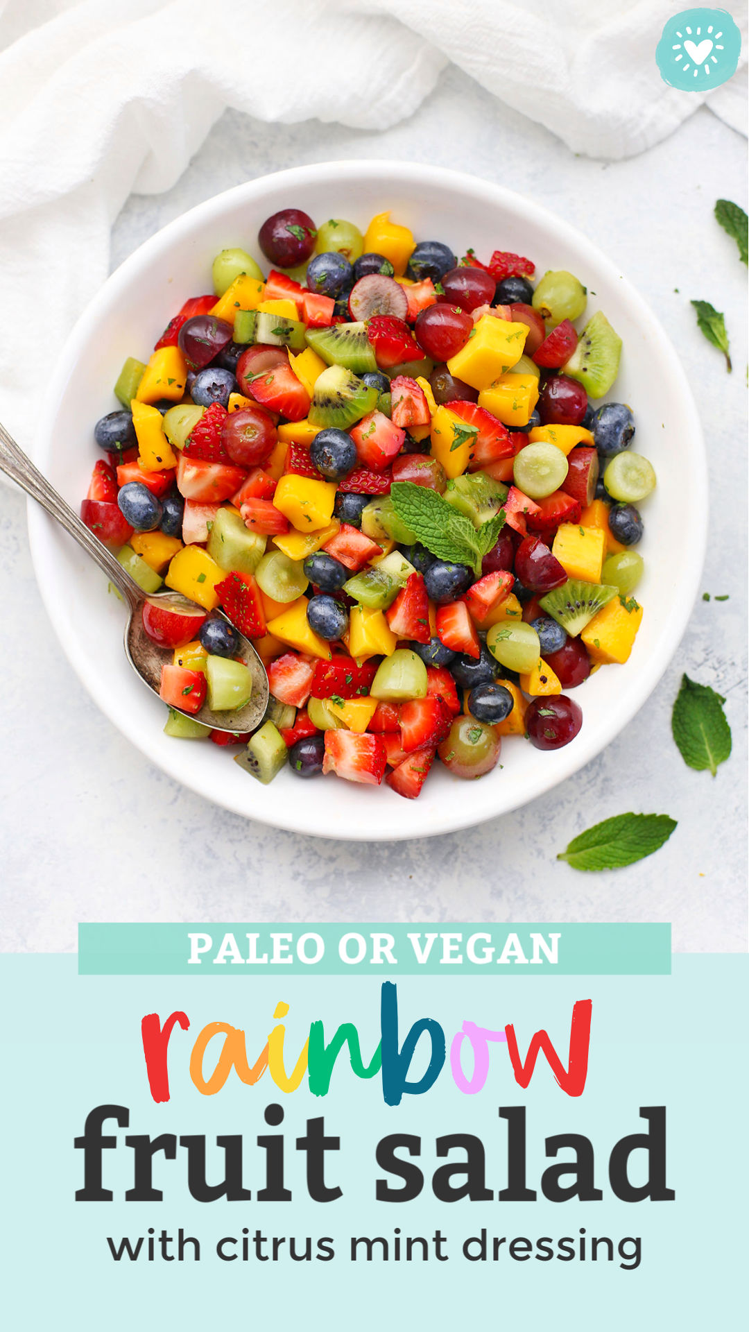 The Best Rainbow Fruit Salad with Citrus Mint Dressing - This rainbow fruit salad is always a favorite with kids and grown-ups. Perfect for picnics, potlucks, brunches, barbecues, and more! (Gluten free, paleo & vegan friendly) // rainbow fruit salad // honey mint dressing // citrus mint dressing recipe // fruit salad with dressing // the best fruit salad recipe #fruitsalad #rainbow #rainbowfood #rainbowparty #rainbowfruitsalad #citrus #mint #brunchrecipes