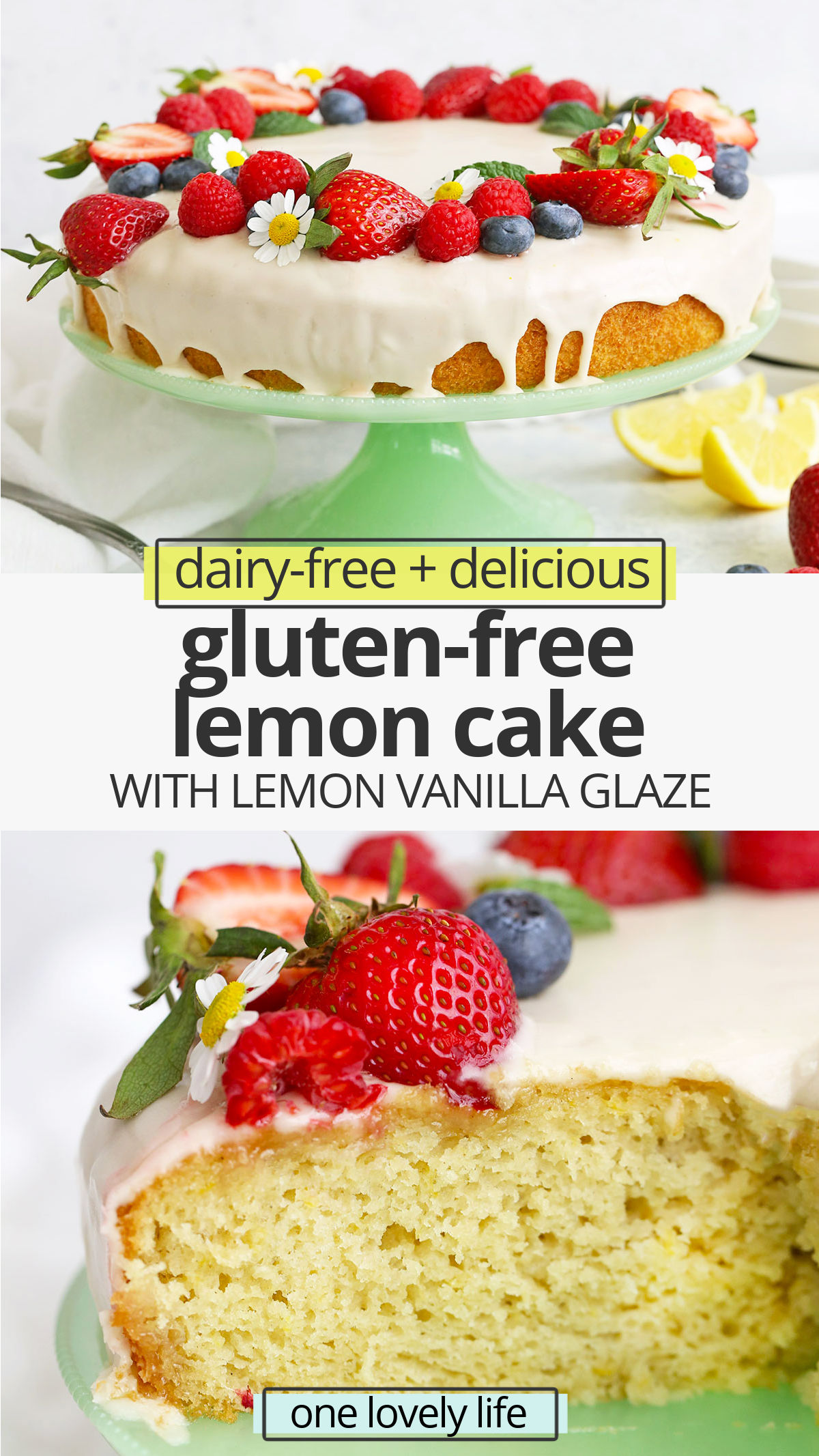 Gluten Free Lemon Cake - This bright, tangy gluten free lemon cake is like eating a bite of sunshine. Gluten free, dairy free, and absolutely delicious. // gluten free lemon cake recipe // dairy free lemon cake recipe // lemon cake recipe // easter dessert // spring dessert // spring cake // summer cake // gluten-free Easter dessert // gluten-free Easter cake
