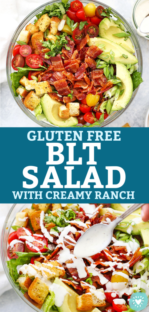 Collage of images of BLT Salad with Creamy Ranch Dressing with text that reads "Gluten Free BLT Salad with Creamy Ranch"