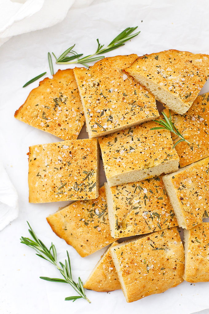 Slices of Gluten Free Rosemary Focaccia on White Parchment