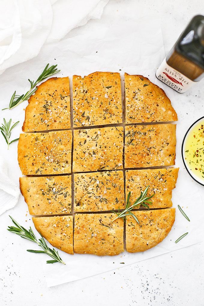 A sliced loaf of gluten free rosemary focaccia 
