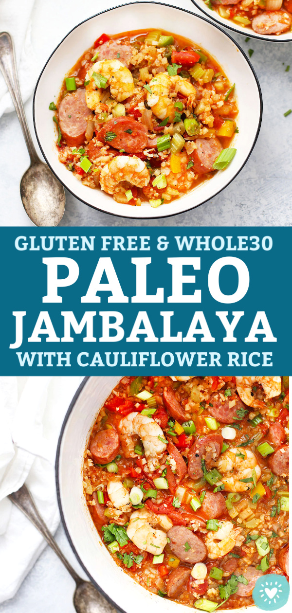 Collage of images of Paleo Jambalaya with Cauliflower Rice from One Lovely Life