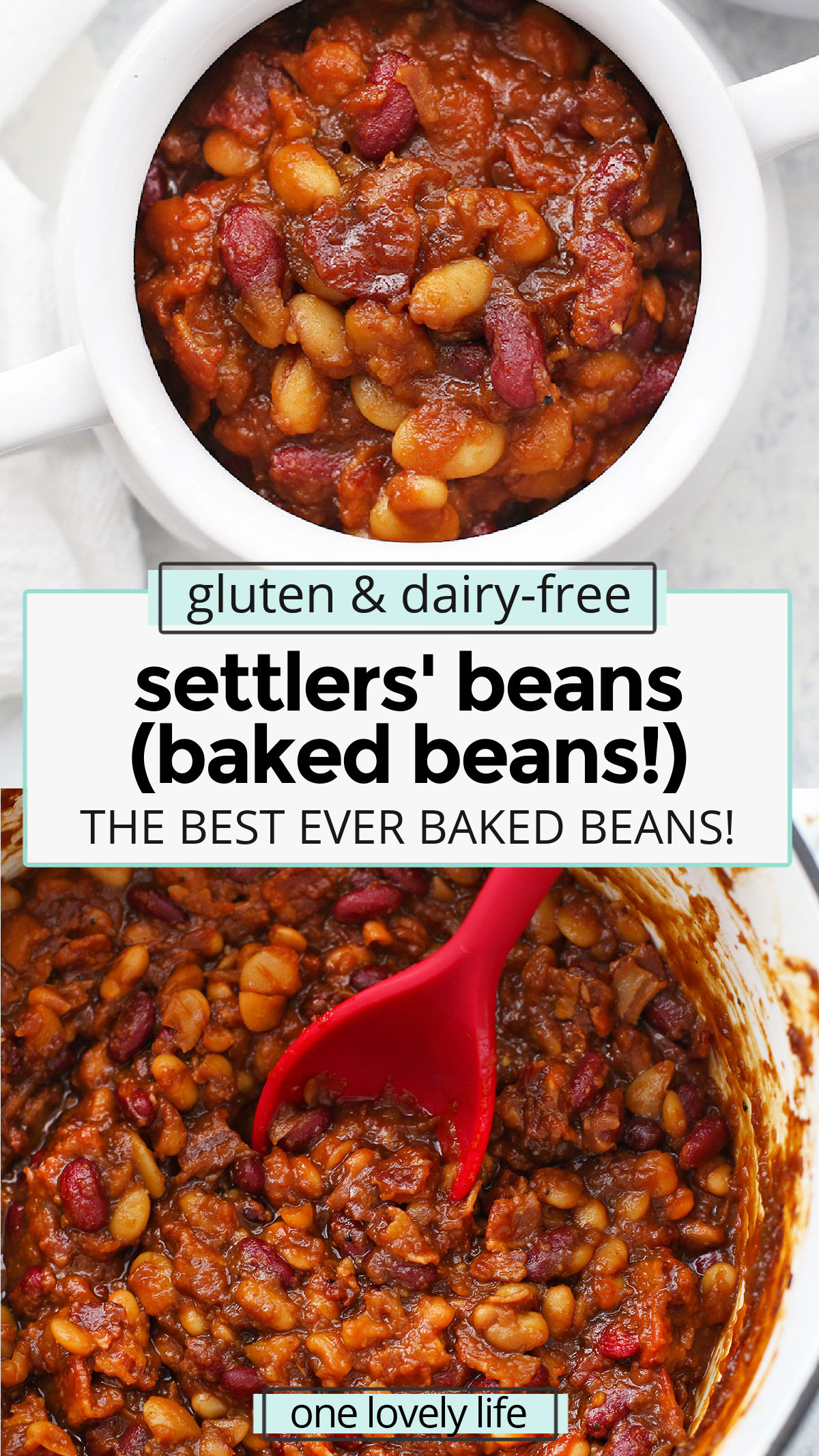 Settlers Beans - This recipe uses a flavorful base and a secret sauce to make them the BEST baked beans ever! (Gluten free, dairy free) // Old settlers beans recipe // bacon baked beans recipe // easy baked beans recipe // gluten free baked beans recipe // the best baked beans recipe // settlers baked beans // old settlers baked beans recipe // summer side dish // bbq beans // summer potluck recipe // side dish recipe