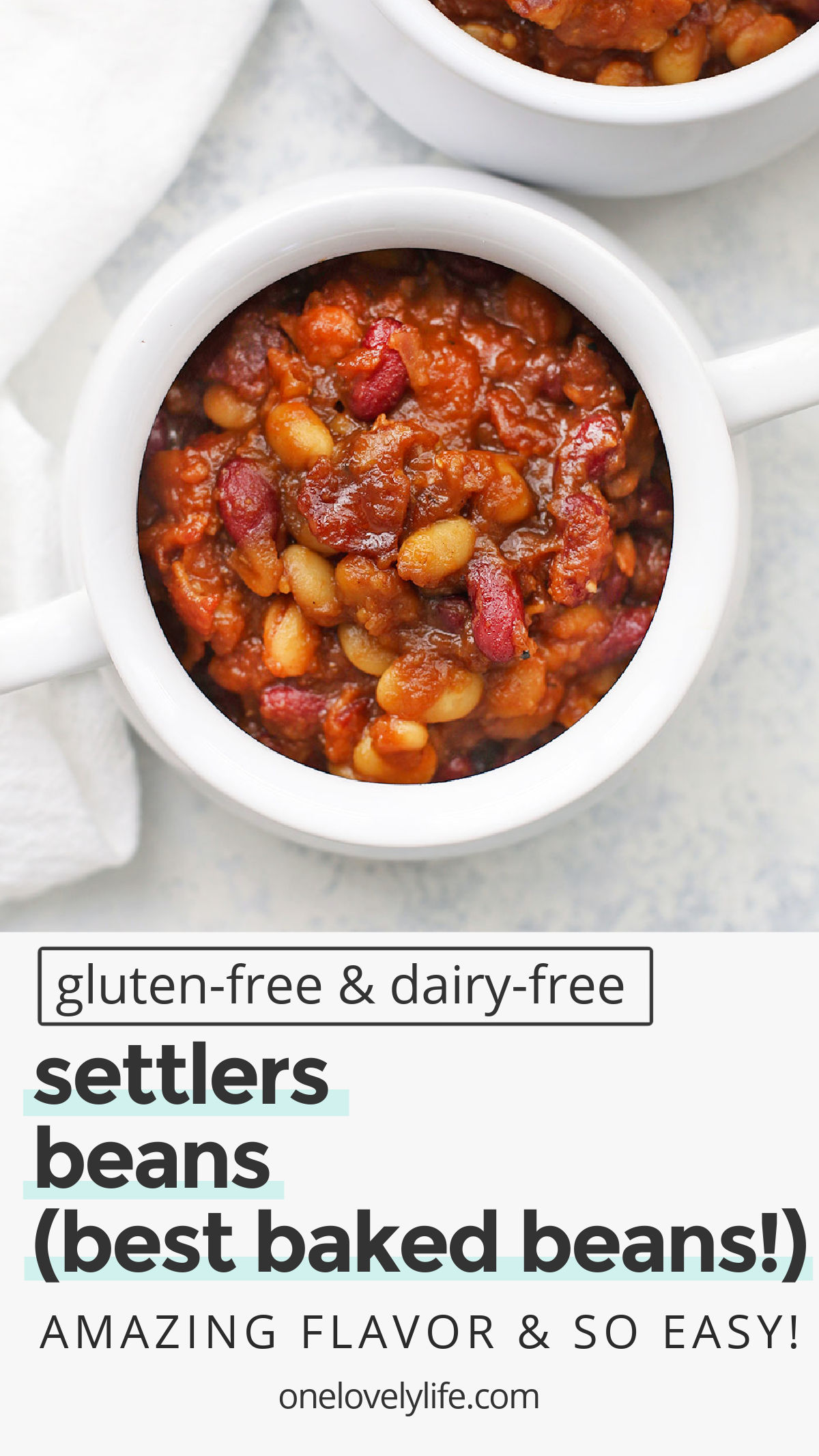 Settlers Beans - This recipe uses a flavorful base and a secret sauce to make them the BEST baked beans ever! (Gluten free, dairy free) // Old settlers beans recipe // bacon baked beans recipe // easy baked beans recipe // gluten free baked beans recipe // the best baked beans recipe // settlers baked beans // old settlers baked beans recipe // summer side dish // bbq beans // summer potluck recipe // side dish recipe