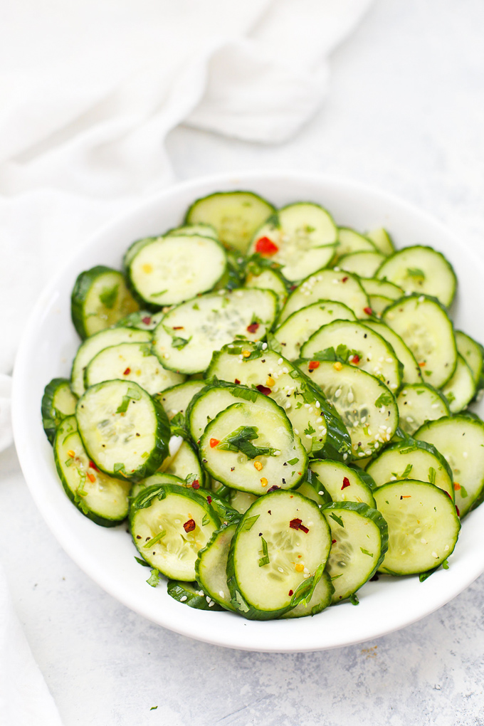 Front view of Thai Cucumber Salad with tangy dressing from One Lovely Life