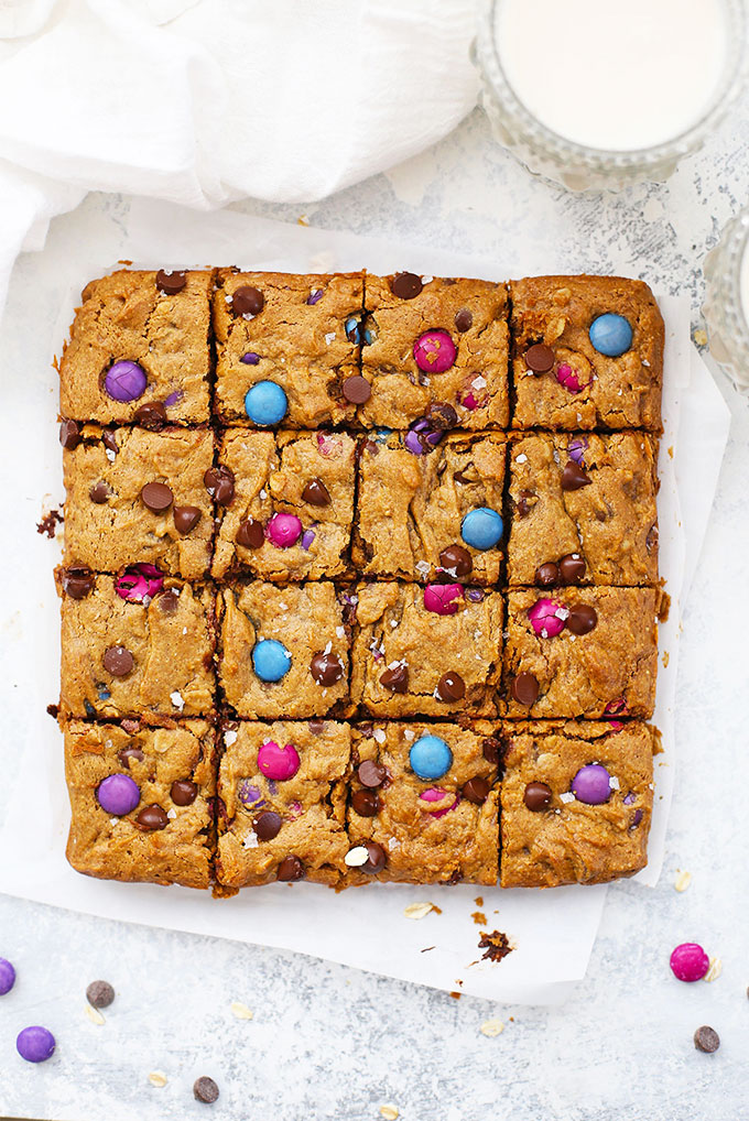 Flourless Monster Cookie Bars cut into squares