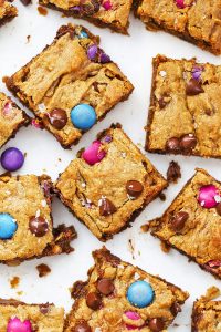 Close up view of Flourless Monster Cookie Bars from One Lovely Life